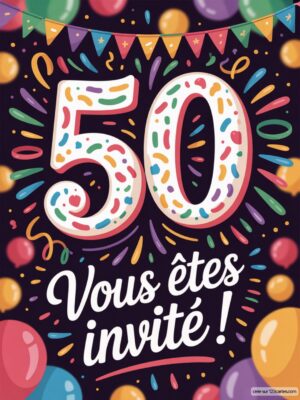 Cinquante en chiffres et confettis, accompagnés de ballons et de drapeaux, avec un message d'invitation festive.