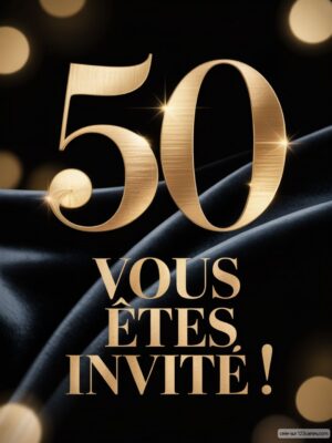 Chiffre 50 doré sur fond noir avec des reflets, accompagné du texte Vous êtes invité ! en lettres élégantes.