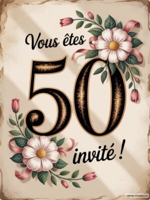Un fond beige avec des fleurs et le texte 50 invité ! en noir, joyeux et festif, orné de rubans.
