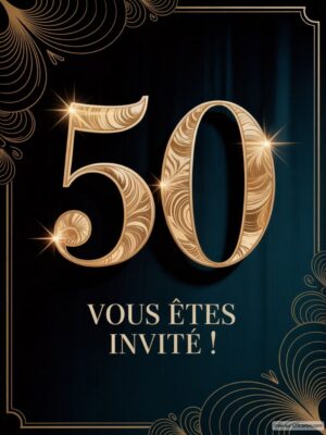 Chiffre 50 en relief, orné de motifs élégants, avec un texte en dessous annonçant une invitation. Fond sombre et chic.