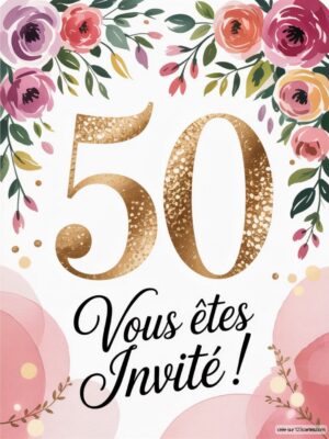 Carte d'invitation pour un cinquantième anniversaire, avec des fleurs et des motifs élégants autour de chiffres dorés.