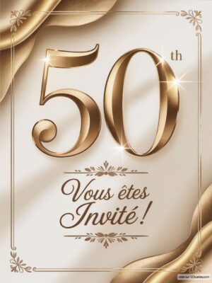 Fond clair avec des bordures dorées, texte en relief indiquant 50th et Vous êtes invité ! au centre. Éléments décoratifs élégants.