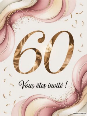 Carte d'invitation avec le chiffre 60 en doré, décorée de motifs ondulés et de confettis sur fond crème.