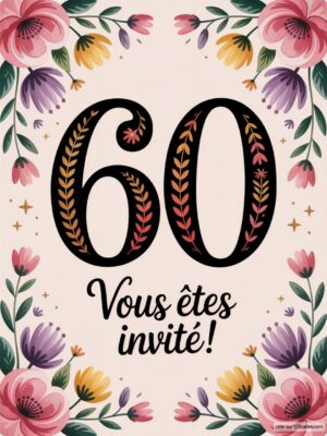 Un décor floral entoure le numéro 60, avec des lettres élégantes et un texte d'invitation en bas.
