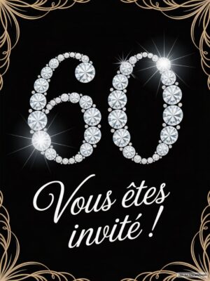 Chiffres 60 formés de diamants sur fond noir avec un texte d'invitation en blanc et une décoration dorée.