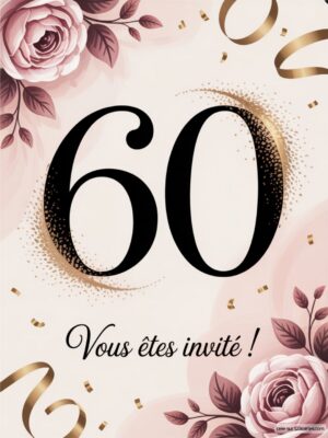 Un fond doux avec des roses, des rubans dorés et le chiffre 60 en grand. Texte en dessous : Vous êtes invité !