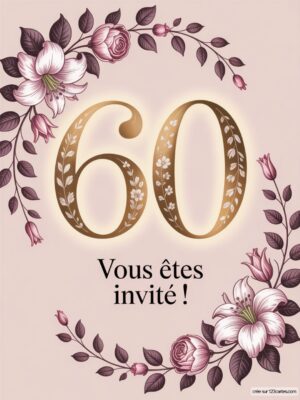 Un décor floral entourant le chiffre 60, avec un texte de célébration au centre. Fond doux et élégant.