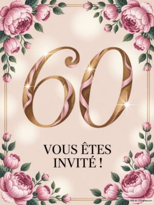 Un cadre fleuri entoure le chiffre 60, avec un grand texte en dessous annonçant une invitation à célébrer.