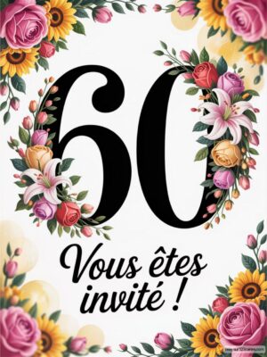 Un carré décoratif avec le chiffre 60 au centre, entouré de fleurs variées et d'un texte invitant à célébrer un événement.