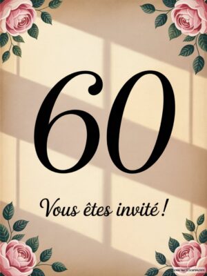 Numéro 60 en grand format au centre, entouré de roses et de feuillage, avec un texte d'invitation en dessous.