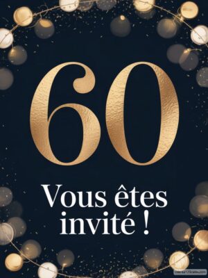 Un chiffre 60 en doré sur un fond sombre, entouré de guirlandes lumineuses, avec le texte en blanc.