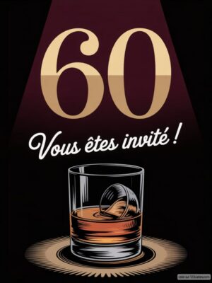 Affiche annonçant un anniversaire avec le chiffre 60 et un verre de whisky sur un fond sombre.