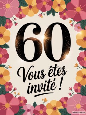 Un fond fleuri avec des fleurs roses et jaunes, et les chiffres 60 en grand, accompagnés du texte Vous êtes invité.