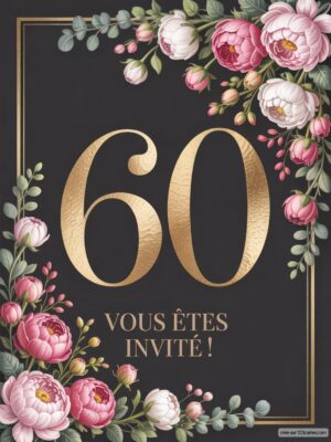 Un fond noir avec des fleurs roses et blanches entourant le chiffre 60 en doré, accompagné d'un texte d'invitation.