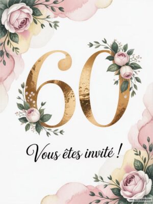 Chiffre 60 doré entouré de fleurs roses et vertes, avec un texte en dessous invitant à un événement.