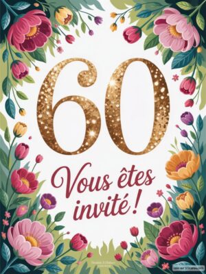 Un cadre floral entoure le chiffre 60 en paillettes dorées, avec le texte 