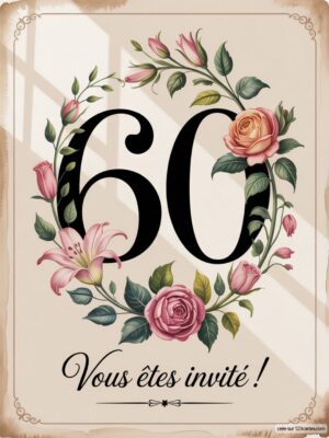 Un cadre floral avec le chiffre 60 au centre, des roses et des lys, accompagné du texte 