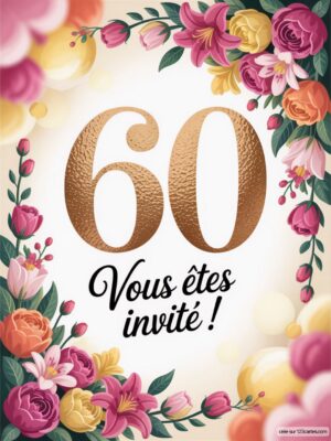 Un cadre floral entoure le texte 60, avec une inscription élégante et festive au centre annonçant une invitation.