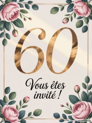 Numéro 60 en doré, entouré de fleurs roses et feuillages verts sur fond clair avec un texte d'invitation.