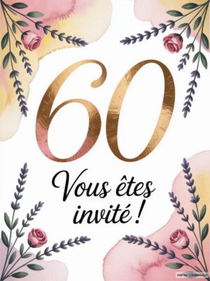 Fond floral avec des roses et des feuillages, le chiffre 60 en doré et le texte 