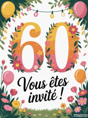 Chiffres 60 ornés de fleurs, ballons et guirlandes, avec le texte 