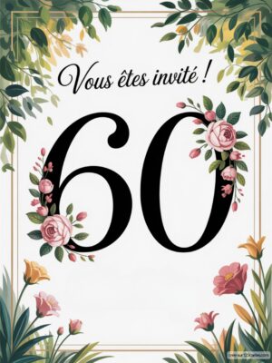 Un cadre élégant avec le chiffre 60 entouré de fleurs roses et vertes, sur un fond clair.