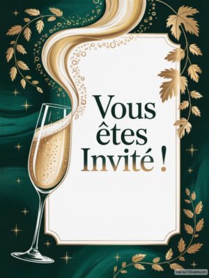 Un verre de champagne avec des bulles, entouré de motifs de feuilles dorées sur un fond vert émeraude.