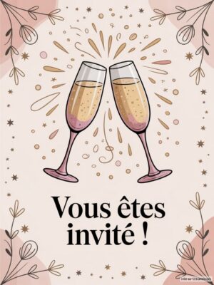 Deux flûtes de champagne s'entrechoquent, entourées de décorations florales et d'étoiles scintillantes.