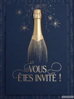 Bouteille de champagne dorée, avec une pluie d'étoiles et un fond bleu, sur lequel est inscrit un message d'invitation.