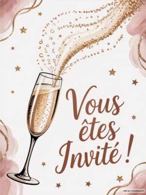 Flûte de champagne remplie, des bulles s'échappent, entourée d'étoiles dorées et de motifs doux.