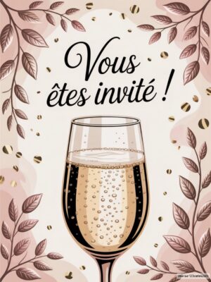 Une flûte de champagne pétillante entourée de feuilles et de confettis.