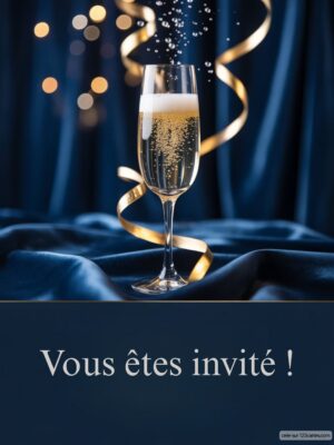 Flûte de champagne remplie de bulles, décorée de serpentin doré sur un fond en velours bleu. Éclairage doux et festif.