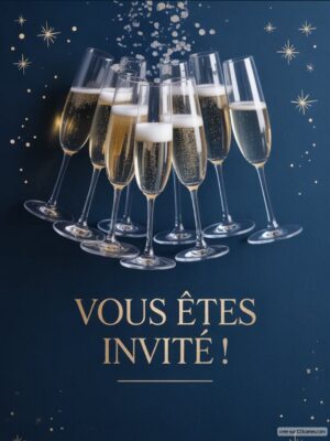 Des flûtes de champagne remplies, sur un fond bleu nuit parsemé d'étoiles brillantes et d'un texte doré.