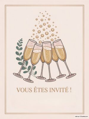 Cinq flûtes de champagne pleines, entourées de feuilles vertes et de bulles s'élevant vers le haut.