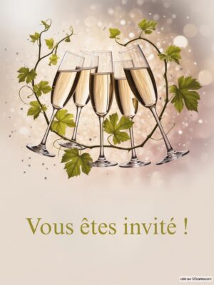 Cinq flûtes de champagne levées, entourées de vignes, sur un fond délicat et festif.