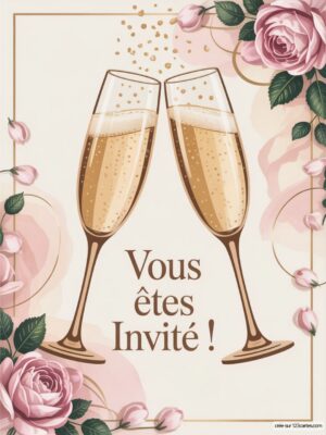 Deux flûtes de champagne se croisent, entourées de roses et de feuilles, avec des bulles s'élevant au-dessus.