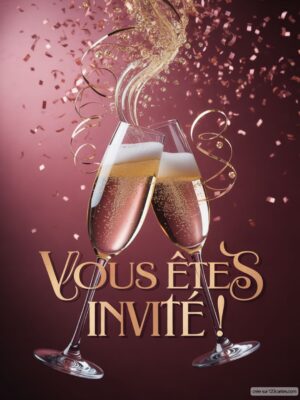 Deux flûtes à champagne se croisent avec des confettis dorés flottant en arrière-plan sur un fond rose.