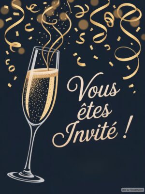 Flûte de champagne avec des bulles et des confettis dorés sur fond sombre, annonçant une célébration festive.