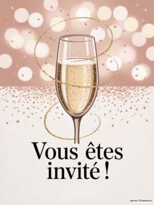 Un verre de champagne sur un fond festif avec des paillettes et des lumières, entouré de spirales dorées.