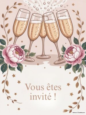 Cinq flûtes de champagne avec des bulles, entourées de fleurs et de feuilles sur un fond doux. 