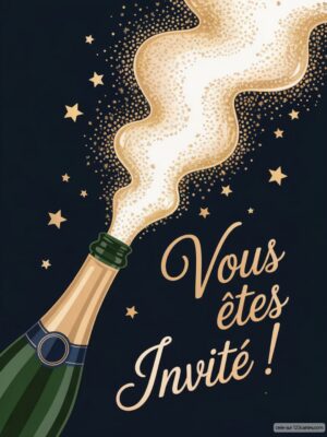 Bouchon de champagne débouché avec des bulles s'échappant, entouré d'étoiles dorées sur fond noir.