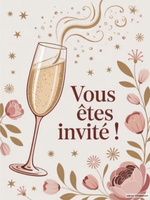 Flûte de champagne avec des bulles, entourée de fleurs et d'étoiles, avec le texte 