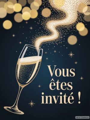 Flûte de champagne avec des bulles et un fond sombre, accompagnée d'un texte annonçant une invitation festive.