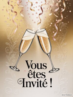 Deux flûtes de champagne se touchent, entourées de confettis et de serpentins sur un fond doré.