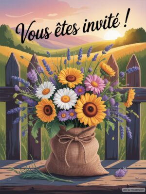 Invitation d'anniversaire avec un bouquet de fleurs colorées dans un sac en toile, en arrière-plan, un paysage champêtre lumineux.