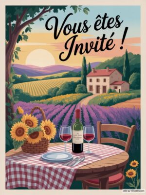 Invitation d'anniversaire : table avec une nappe à carreaux, bouteille de vin, verres et champs de lavande en arrière-plan.