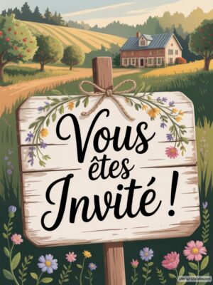 Panneau en bois invitant à un anniversaire, avec fleurs colorées et campagne en arrière-plan, ambiance joyeuse et conviviale.