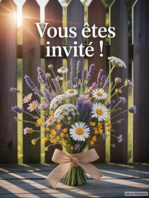 Invitation d'anniversaire avec bouquet de fleurs colorées sur fond de clôture en bois, texte : Vous êtes invité ! en blanc.