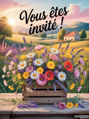 Invitation d'anniversaire avec un bouquet coloré de fleurs sur une table en bois.