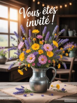 Invitation d'anniversaire avec un bouquet coloré de fleurs dans un pot en métal.